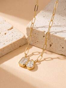 Waterproof Stainless Steel Layered Necklace Set Toi Et Moi CZ Pendant Paperclip Chain Y-Lariat Deep V Summer Evening Jewelry - Yellow Gold - View 6