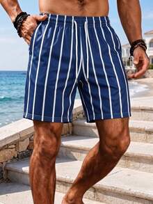 Men's Striped Casual Beach Shorts With Drawstring, Summer - Navy Blue - View 3