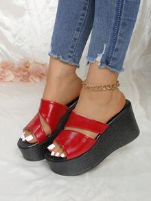 Sandal Wedges Minimalis Elegan Nyaman Kasual Modis Ukuran Plus Wanita, Sol Tebal Serbaguna dengan Ujung Terbuka - Merah - View 3