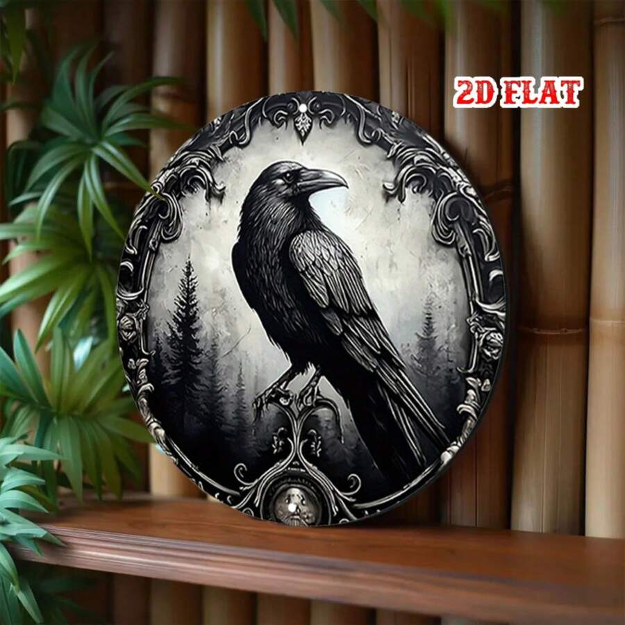2D Flat Design - 1pc Black Round Metal Tag, Featuring 2D Flat Design Crow Pattern. This 7.8X7.8 Inch Gothic Style Metal Tin Plate Has Mysterious Wall Decor Function, Suitable For Home, Garage, Dining Area Or Cafe