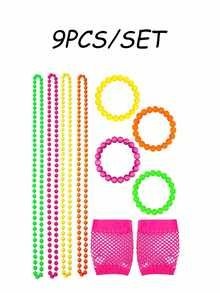 Neon Beaded Necklace & Bracelet Set With Pink Fishnet Gloves, 80s Retro Outfit, Suitable For Halloween, EDM Parties, Summer Beach Parties And Theme Events - Hot Pink - View 3