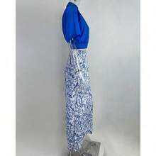 Conjunto blusa y pantalón ancho primavera, cuello V con estampado - Azul - Ver 4