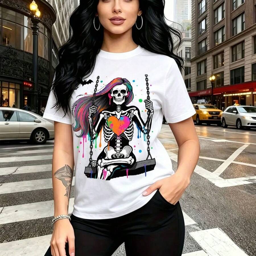 Camiseta de mujer con estampado de calavera colorida con cabello rosa y morado sosteniendo un corazón que se derrite - camiseta casual de manga corta, ajuste cómodo y estilo urbano alternativo - ideal para el Día de la Madre, cumpleaños y regalo perf - Blanco - Ver 1