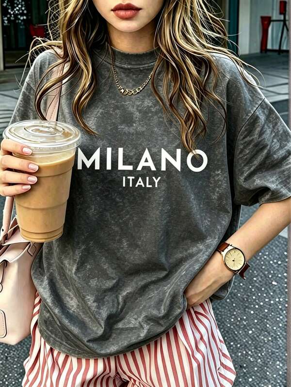 復古水洗灰色 MILANO ITALY 字母印花寬鬆大版 T-shirt，極簡歐風街頭日常上衣，黑色夏季休閒款