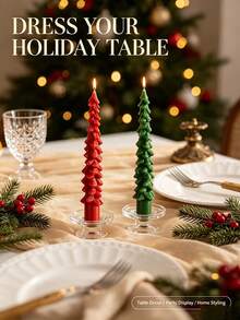 Set de 2 velas de árbol de Navidad, decoración navideña roja y verde. Velas realistas vintage hechas a mano reutilizables con brillo para mesa festiva, repisa de chimenea, sala de estar, decoración del hogar interior. Regalo de Feliz Navidad y Año Nuevo. Árboles artificiales rústicos de Navidad de invierno. - Vela larga cónica con forma de árbol de Navidad en 3D - Ver 4
