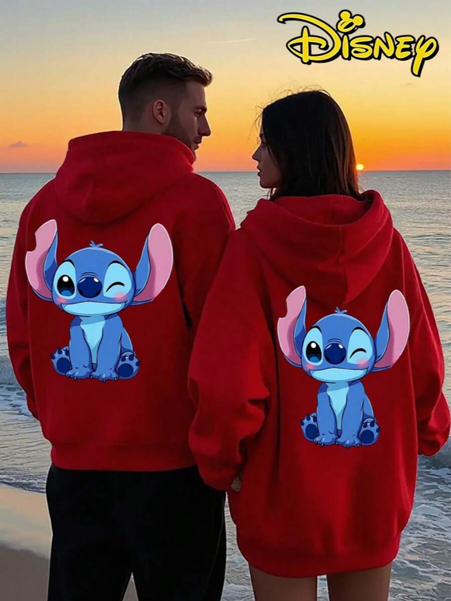Couples Disney Lilo & Stitch Winking Stitch Print Hooded Sweatshirt, Casual Loose Streetwear Hoodie, Sold As Single Piece 1pcs - Men's Red - View 1