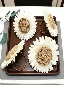 12/4/1pc Handmade Artificial Daisy Napkin Rings, Napkin Clips For Use At Tables, Weddings And Family Gatherings (With Sunflower Pattern) - Multicolor - View 4