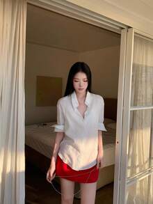 女款純色單排扣休閒百搭日常外出襯衫 夏季 - 白色 - 查看 1