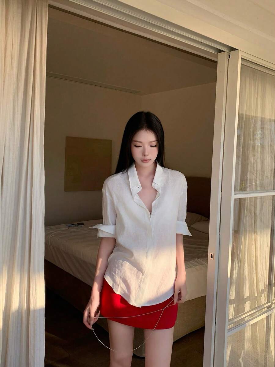女款純色單排扣休閒百搭日常外出襯衫 夏季 - 白色 - 查看 1