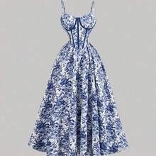 WNS  MOD Vestido con estructura de corsé con contraste de rayas azul y blanco en la cintura, estampado floral en el bustier, atuendo de vacaciones para mujer, vestido de verano, atuendo de campo, ropa de playa, vestido de verano, vestido de Pascua para mujer, vestidos de verano para mujer, vestido de fiesta de té - Azul y blanco - Ver 2