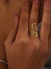 1 Stück 18K vergoldeter Edelstahl asymmetrischer Linien geometrischer verstellbarer offener Ring, elegantes Schmuckgeschenk geeignet für den täglichen und festlichen Gebrauch von Frauen - Goldgelb - Übersicht 4