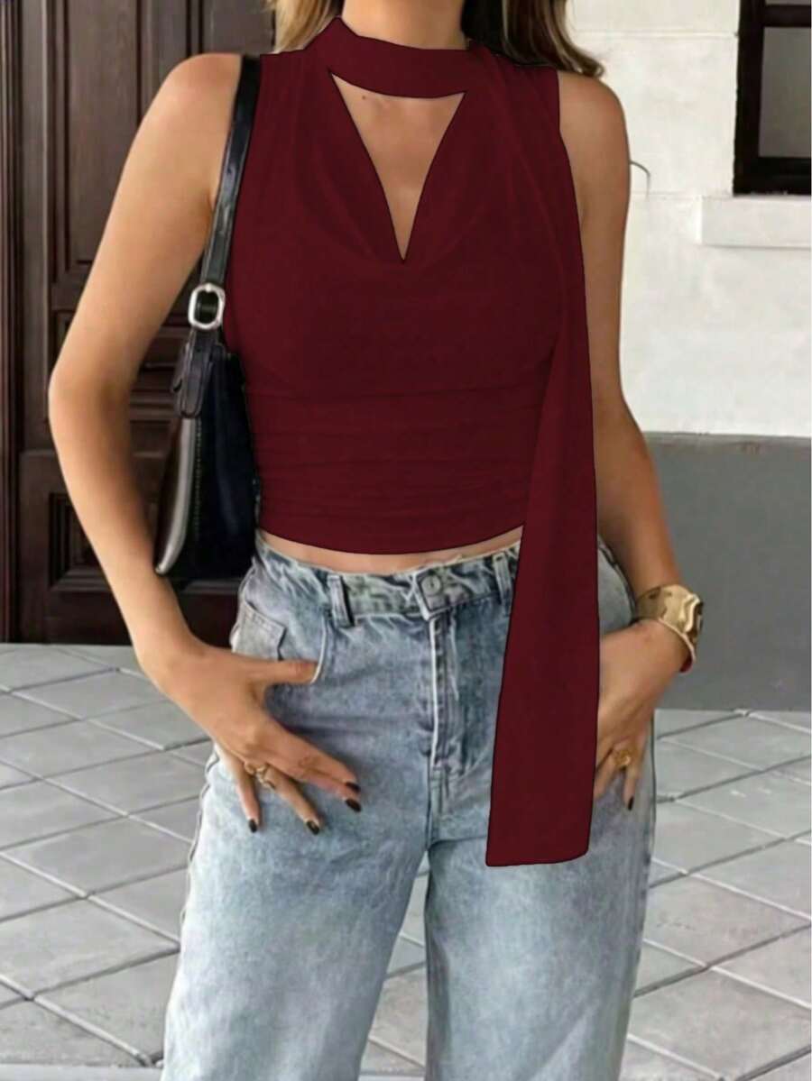 Top de tirantes plisado y drapeado de unicolor, de moda para eventos, citas, playa, vacaciones y uso casual en verano - Burdeos - Ver 1