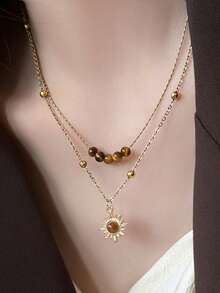 QTHOPE Maillard Retro Tiger Eye Stone Sun Necklace Suitable For Girls Daily Wear Holiday Gift - Gold - View 4