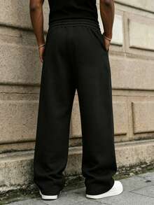 Men's Sweatpants; Men's All-Match Minimalist Versatile Drawstring Loose Straight Leg Comfortable Casual Sports Long Pants, Unisex, Suitable For Watching World Cup, Daily Outings, Gatherings, Perfect Father's Day Gift For Dad, July 4th Celebration - Black - View 3