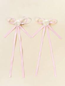 2pcs/Set Women's Pink Ribbon White Rose Flower Bow Hair Clips, Suitable For Any Occasion,Hair Slide - Pink White - View 5