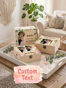 1pc Custom Wedding Photo Wood Keepsake Box,Floral/Eucalyptus Theme Memories Box,Mr Mrs Memory Box,Bridal Shower/Anniversary/Wedding Memories Storage - Multicolor - View 2