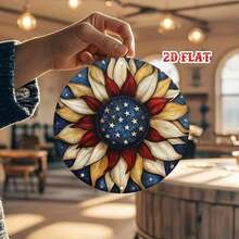 Letrero de decoración de pared de metal vintage redondo, pintura de hojalata de girasol con cielo estrellado azul, adorno colgante plano 2D para cafetería y cabaña de playa, decoración artística para patio y sala de estar, arte de pared estilo jardín de verano - A - Ver 5