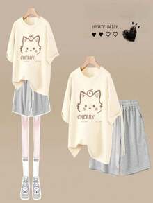 Apricot Cotton Top + Gray Shorts [Set]