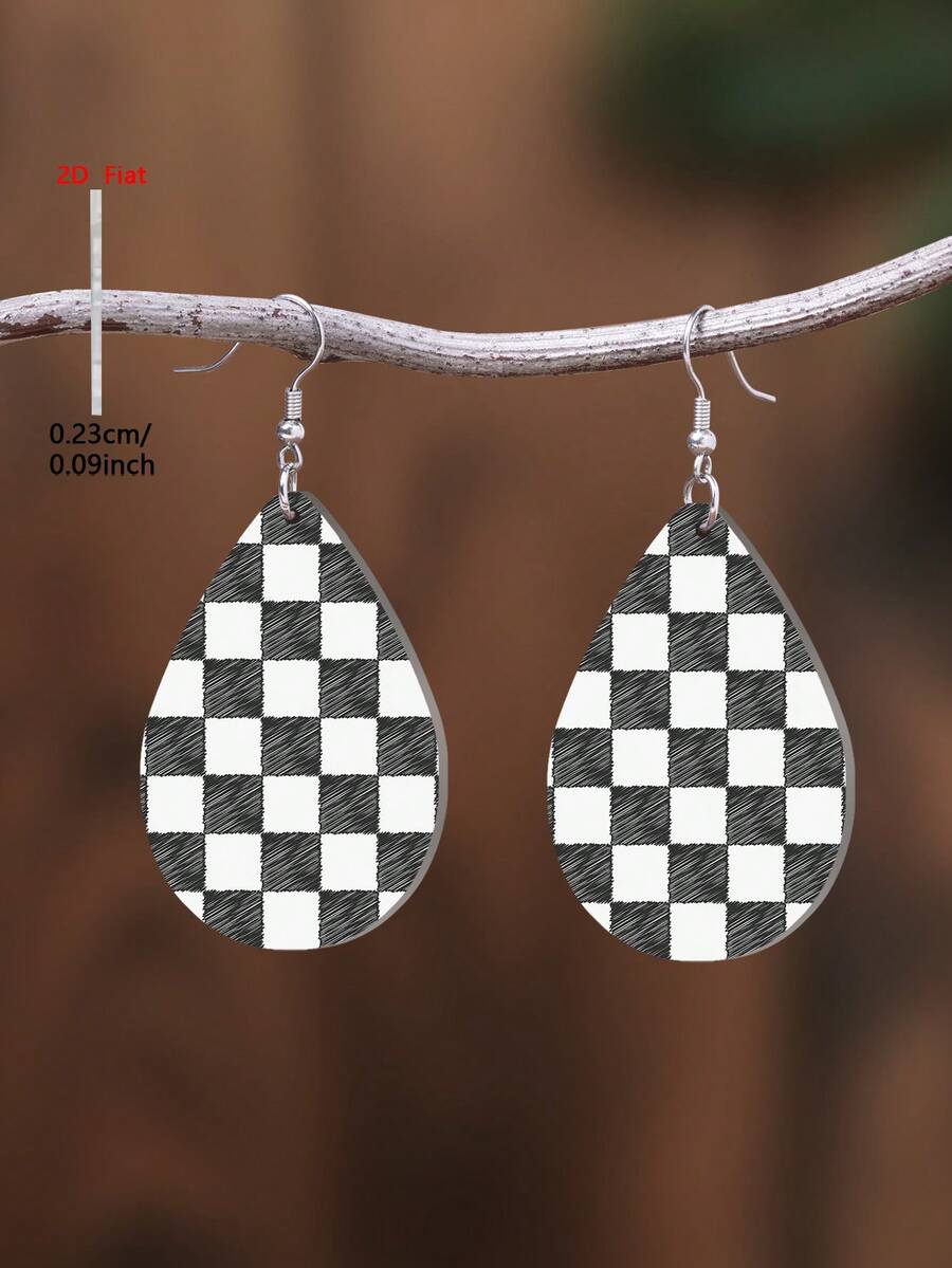 1 Pair 2D Flat Minimalist Black And White Checkerboard Pattern Acrylic ...