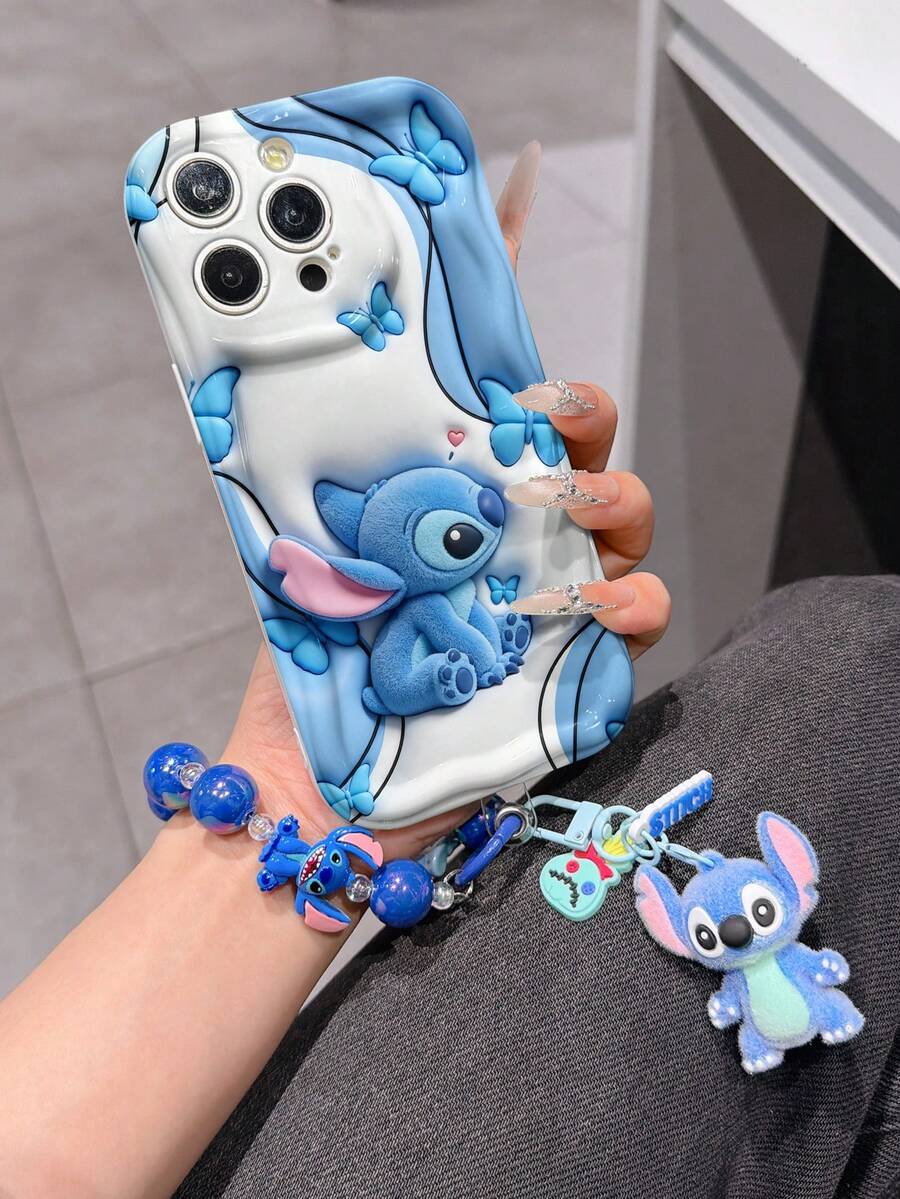 Disney Has Authorized, Phone Case - Chain Set, The Stitch Lilo & Stitch 3D Phone Case Plus A Silicone 3D Stitch Bracelet With Metallic Ring Removable Bracelet, Stitch And Angel Pattern, Compatible With Iphone17/16/15/14/13/12/11/XS/XR/X Plus Pro Max, A Stylish Cartoon Phone Case, The Perfect Gift Choice, Phone Protection, Durable Phone Cover, Great Gift For Friends And Family. - trắng - Xem 1