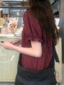 Sweet Girly Plaid Peter Pan Collar Dress Summer Women Puff Sleeve Checkered Short Layered Dress Elegant - Red - View 6