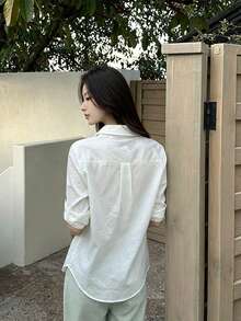 女款純色單排扣休閒百搭日常外出襯衫 夏季 - 白色 - 查看 8