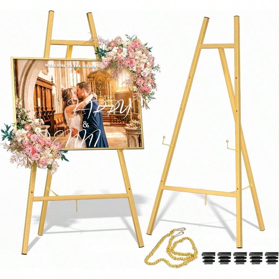 Gold Metal Easel Stand For Sign,Heavy Duty Art Easel With Adjustable Chain,Tripod Structure,4-Level Height-Easels For Wedding Welcome Sign Holder Shower Poster,Birthday Party,Posters - 預設 - 查看 1