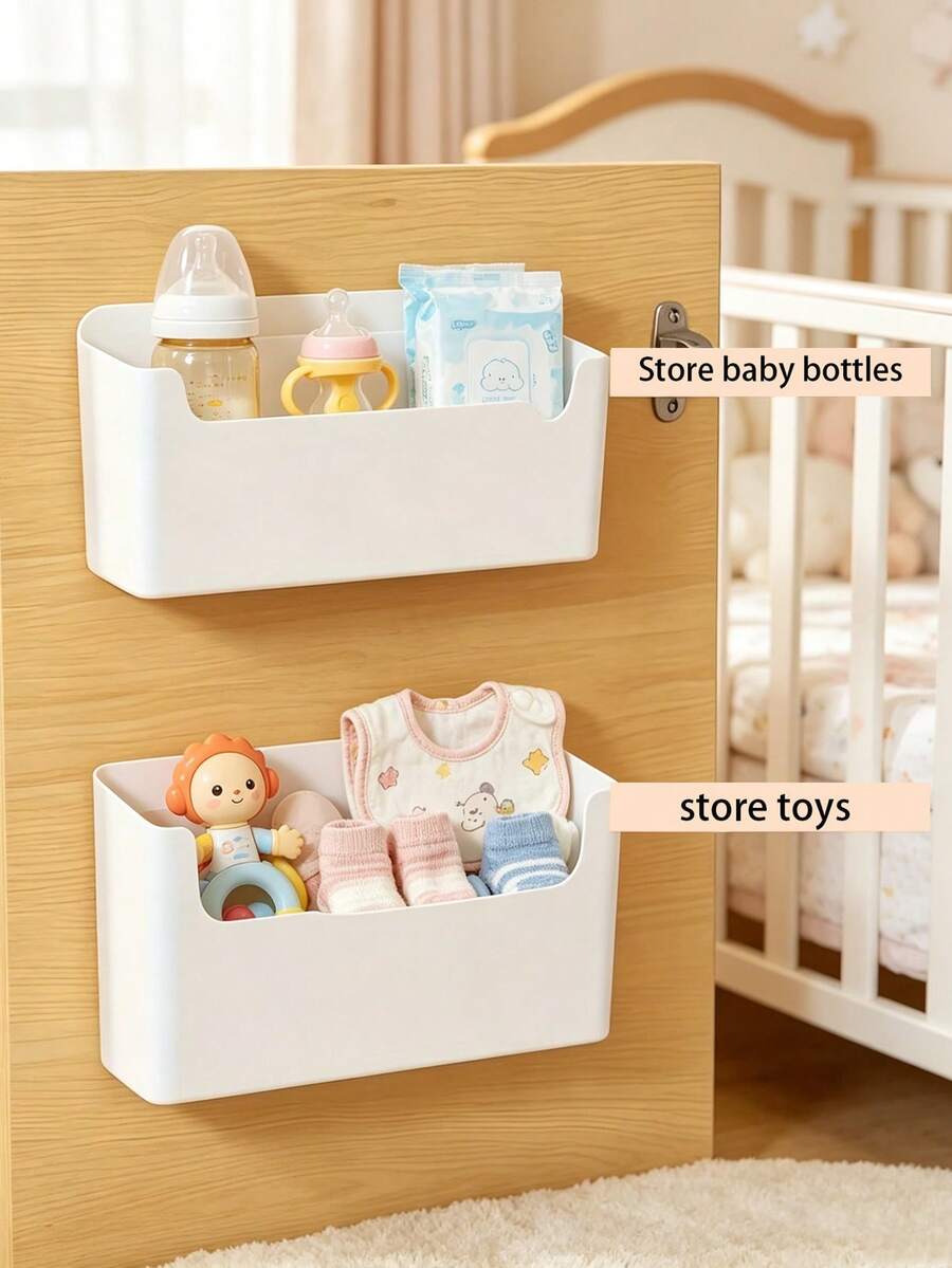 1 pieza/2 piezas Cesta de almacenamiento de plástico montada en la pared sin taladro para habitación de bebé, caja de almacenamiento de artículos para niños, adecuada para organización y almacenamiento del hogar de la guardería - Multicolor - Ver 1