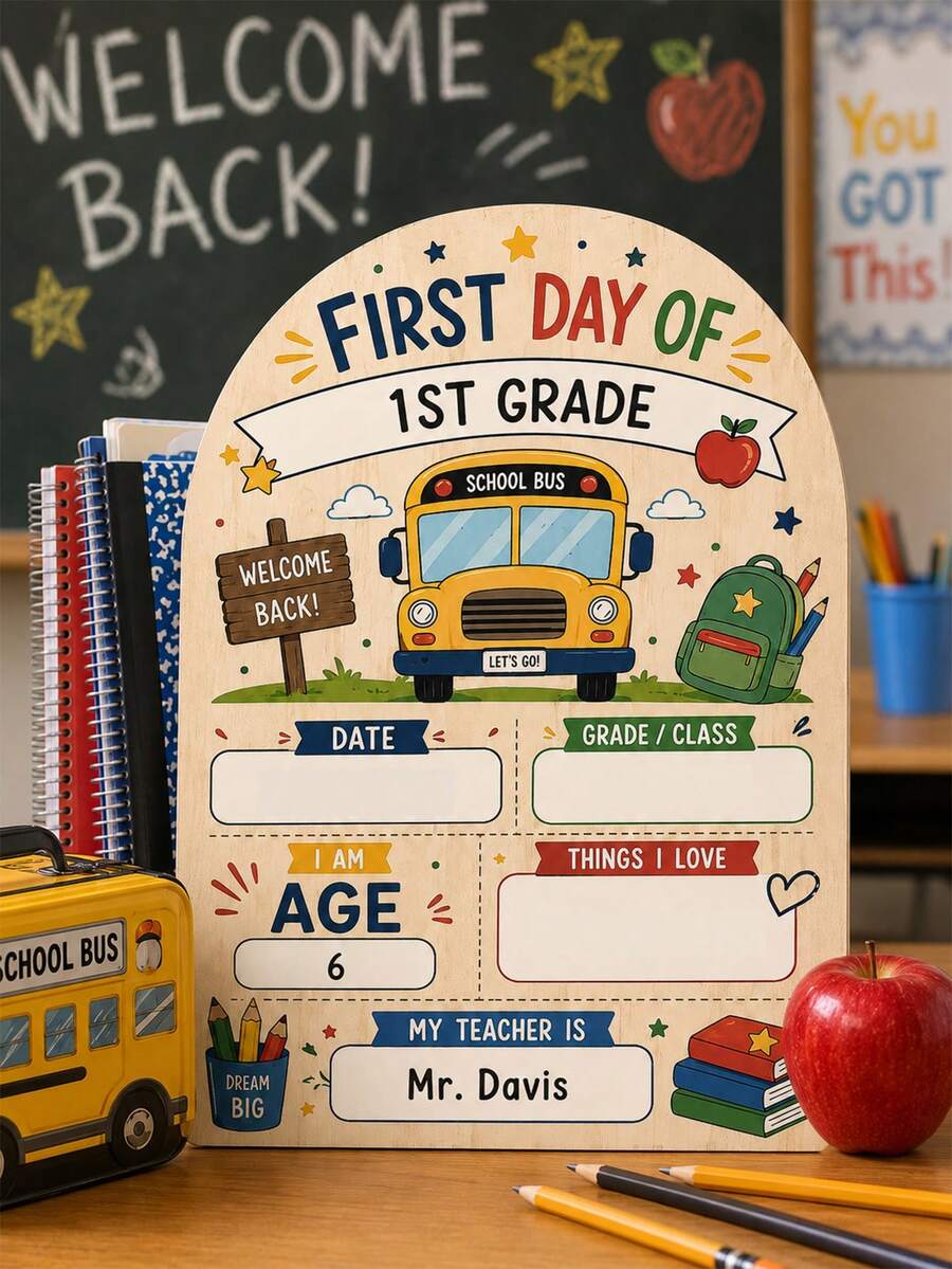 DIY Wooden First Day Of School Milestone Sign, School Bus And Academic Print Design, Wooden Commemorative Board, Suitable For All Grades, Perfect For Back To School, School Gifts, Photo Props, Classroom Attendance Records And Parent Keepsakes - DIY Message Board - View 1