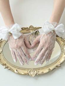1 Pair Women's Lace Transparent Wedding Gloves With Bow & Pendant - White - View 3