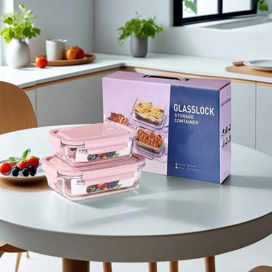 2pcs Pink Lid Glass Bento Box, 410/680ml Large Capacity Divided Bento Box, Glass Food Storage Container, Stackable Lock Design Refrigerator And Kitchen Storage Box, Microwave Vegetable Food Storage Box, Back To School Home Supplies - Baby Pink - View 1