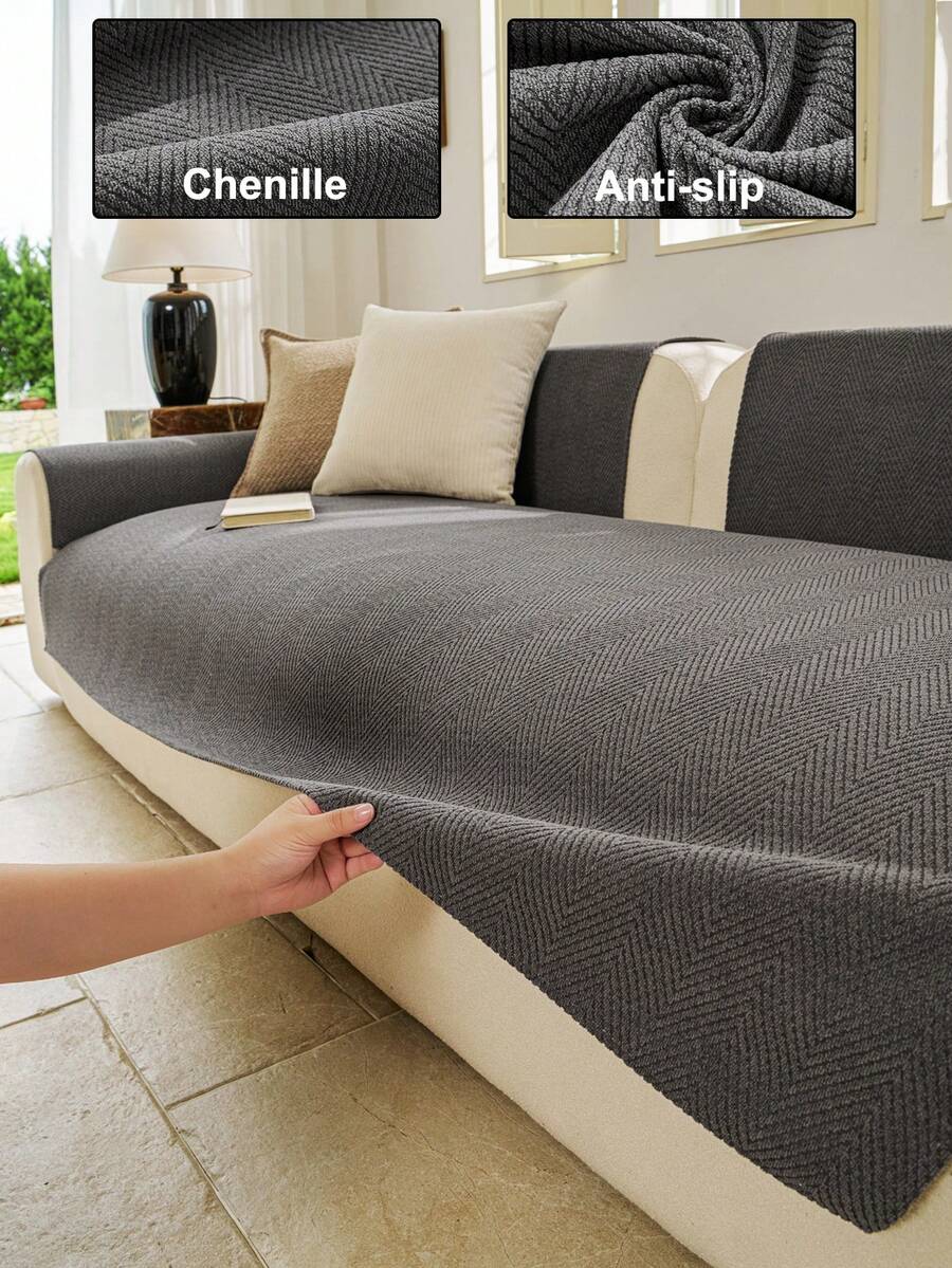 1pc Solid Color Chenille Sofa Cover, Minimalist Style Pet-Friendly, Anti-Scratch Anti-Dirty Anti-Slip, Suitable For All Seasons, Holiday Decor, Fits L-Shaped Sofa In Small Spaces