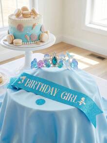 2件組美人魚主題生日女孩皇冠與肩帶套組，藍色閃亮公主皇冠配貝殼與魚尾，全息「生日女孩」肩帶，美人魚主題女孩裝扮配件，女孩生日派對用品，嬰兒淋浴、性別揭曉派對裝飾 - 彩色 - 查看 8