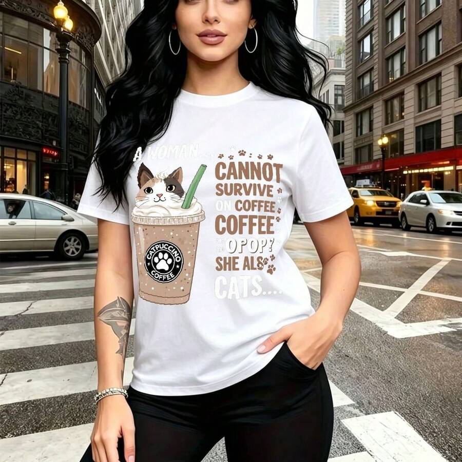 Camiseta de mujer con estampado divertido de café helado y gatito adorable con texto en inglés "A woman cannot survive on coffee and poppy she also loves cats" - camiseta casual de manga corta, ajuste cómodo y fresco, estilo urbano y moderno con dise - Blanco - Ver 1