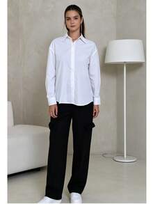 Women's Long-Sleeved Basic Shirt In Pure Cotton. Classic And Versatile For Everyday Wear. Minimalism. - White - View 3