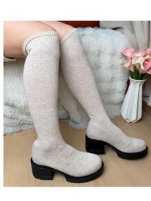 Bốt cao quá gối nữ dệt kim ôm sát phong cách tối giản, màu be, đế dày, gót chunky, mũi tròn, cổ tất co giãn, phù hợp phối đồ thu/đông, nhẹ, thoải mái, bền bỉ, đa năng - Màu be - Xem 2