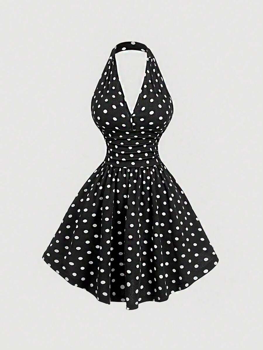 MOD Vestido de mujer con cuello halter, cintura fruncida y estampado de cerezas - Blanco y Negro - Ver 1