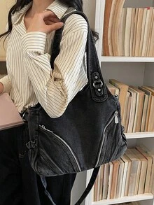 新款休閒時尚水洗牛仔大容量托特包，女款復古百搭通勤單肩斜背包，適合通勤與購物 - 黑色 - 查看 6