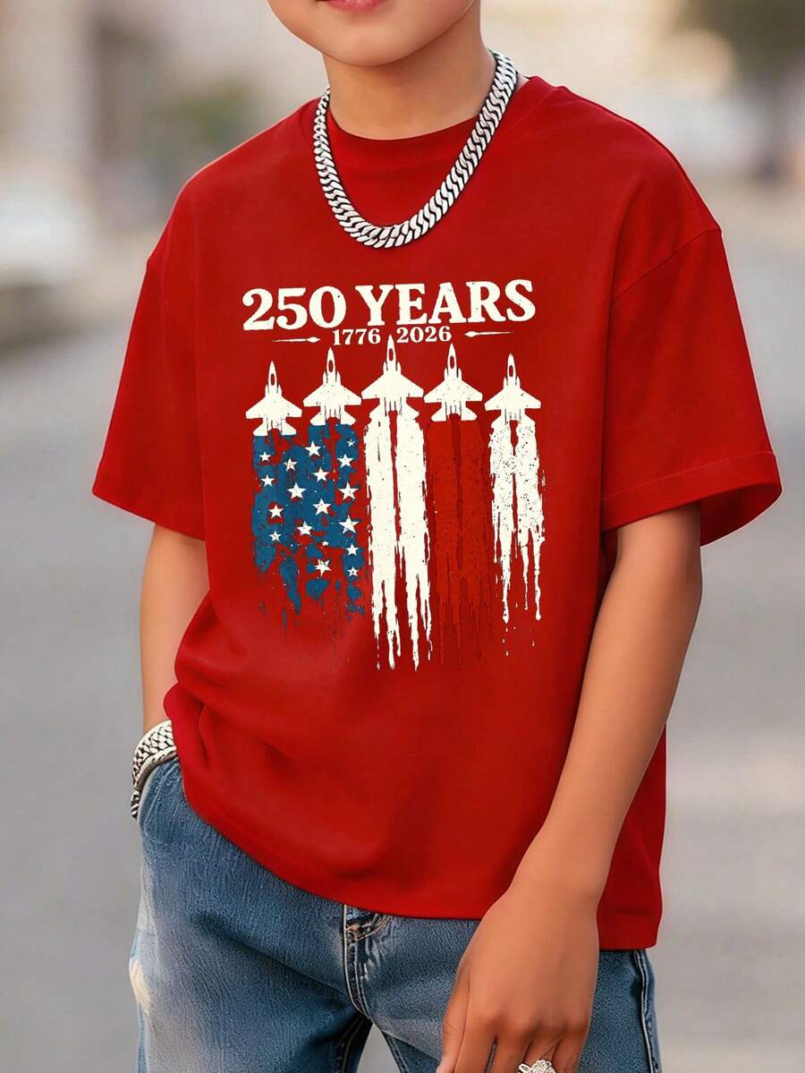 250 YEARS 4th Of July Jet & American Flag Print Boys Cotton Short Sleeve T-Shirt Independence Day/Patriotic Themed - 紅色 - 查看 1
