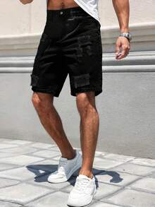 Men's Casual Loose Straight Leg Distressed Denim Shorts - Black - View 6