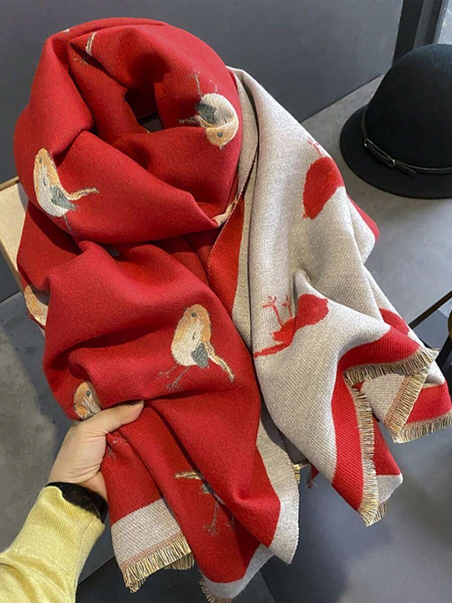 Reversible Red Bird Print Scarf, Korean Style Warm & Versatile Shawl/Wrap, Suitable For Air-Conditioned Rooms, Thick & Long - Red - View 1