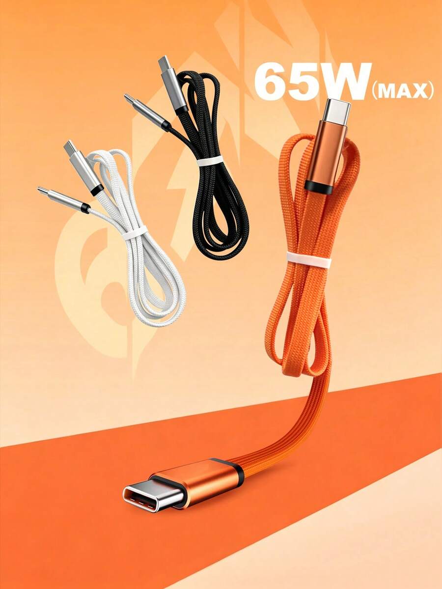 Cable de carga rápida trenzado plano de 65W (máx.) con puertos duales Tipo-C, compatible con iPhone 17/16/15 carga rápida USB-C, teléfonos Android, cable trenzado de unicolor de 1m (3.3ft) - Multicolor - Ver 1