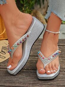 NIPAXO Sandalias de cuña con plataforma para mujer, de verano y para exteriores, chanclas de moda, cómodas y sin fatiga, brillantes, elegantes, ligeras, para reuniones al aire libre, uso diario, bodas, playa, viajes, ocio y entretenimiento, estilo bohemio, - Plateado - Ver 6