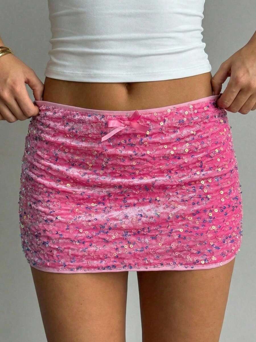 Minifalda ajustado de mujer de unicolor con adorno de lentejuelas - Rosado Sandía - Ver 1