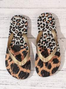 Summer New Women's Casual Versatile Round Toe Flat Lightweight Comfortable Open Toe Flip Flops For Indoor Outdoor Beach Vacation Bathroom - Leopard - View 5