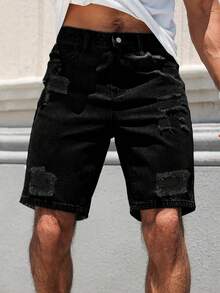 Men's Casual Loose Straight Leg Distressed Denim Shorts - Black - View 5