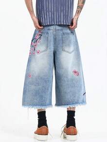 1 buah Celana Pendek Denim Biru Sobek Bordir Gaya Amerika Vintage untuk Pria, Desain Sederhana (Tidak Termasuk Sabuk/Aksesoris) - Biru - View 4