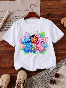 Disney DIS Stitch & Lilo Tropical Vibes Printed Pattern T-Shirts For Girls - Children's Clothing Design Short-Sleeved Casual And Cute Style Comfortable And Casual Wear All Year Round Suitable For Parties And Play Machine Washable Gift Children's Clothing Girls' Short-Sleeved Shirts - 白色 - 查看 2
