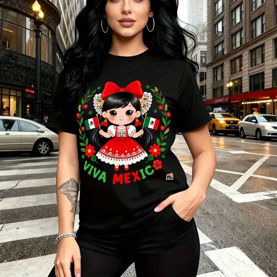Camiseta de mujer con estampado vibrante de Calavera mexicana en traje rojo y blanco rodeada de flores y banderas - diseño "Viva México" con estilo urbano y cultural, ajuste cómodo y moderno para el día a día - ideal para celebrar el Día de Muertos, - Negro - Ver 1