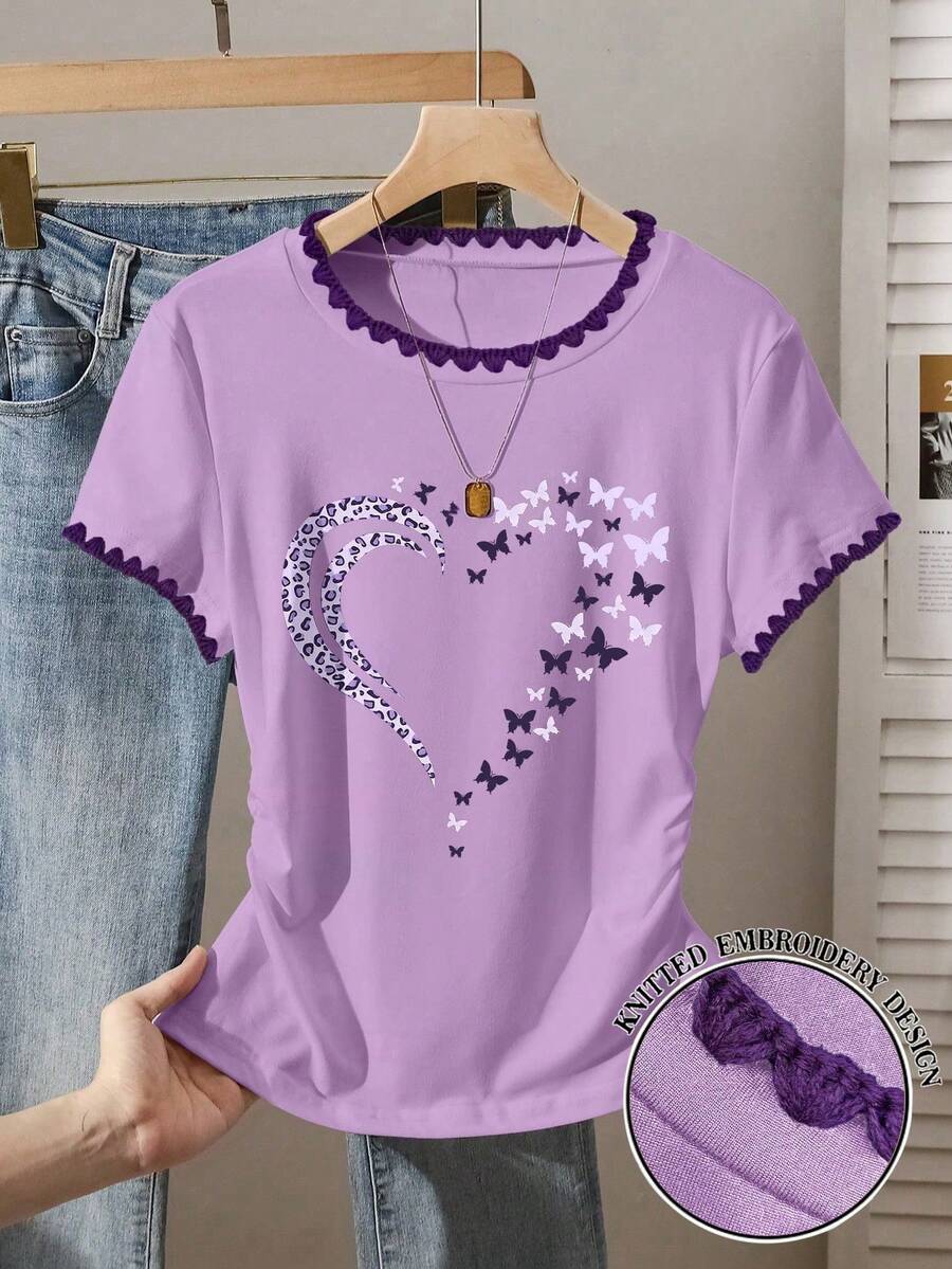 Camiseta gráfica con estampado de mariposa y corazón con cintura ceñida, nuevos lanzamientos de verano para mujer - Morado - Ver 1